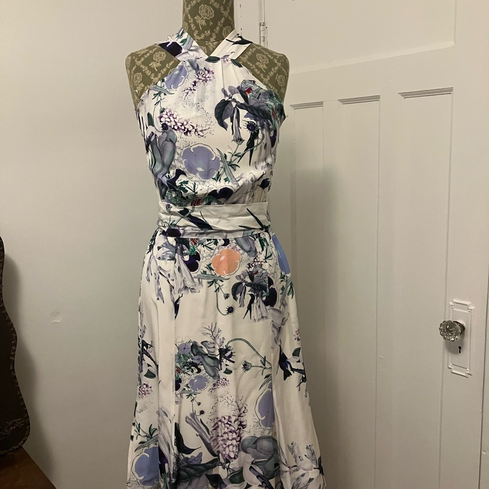 ERDEM White Dress with Lavender and Navy Floral Print